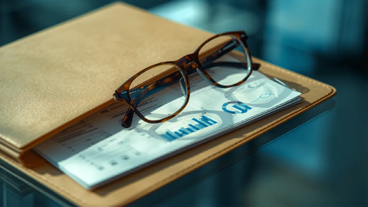 Financial report with glasses and charts